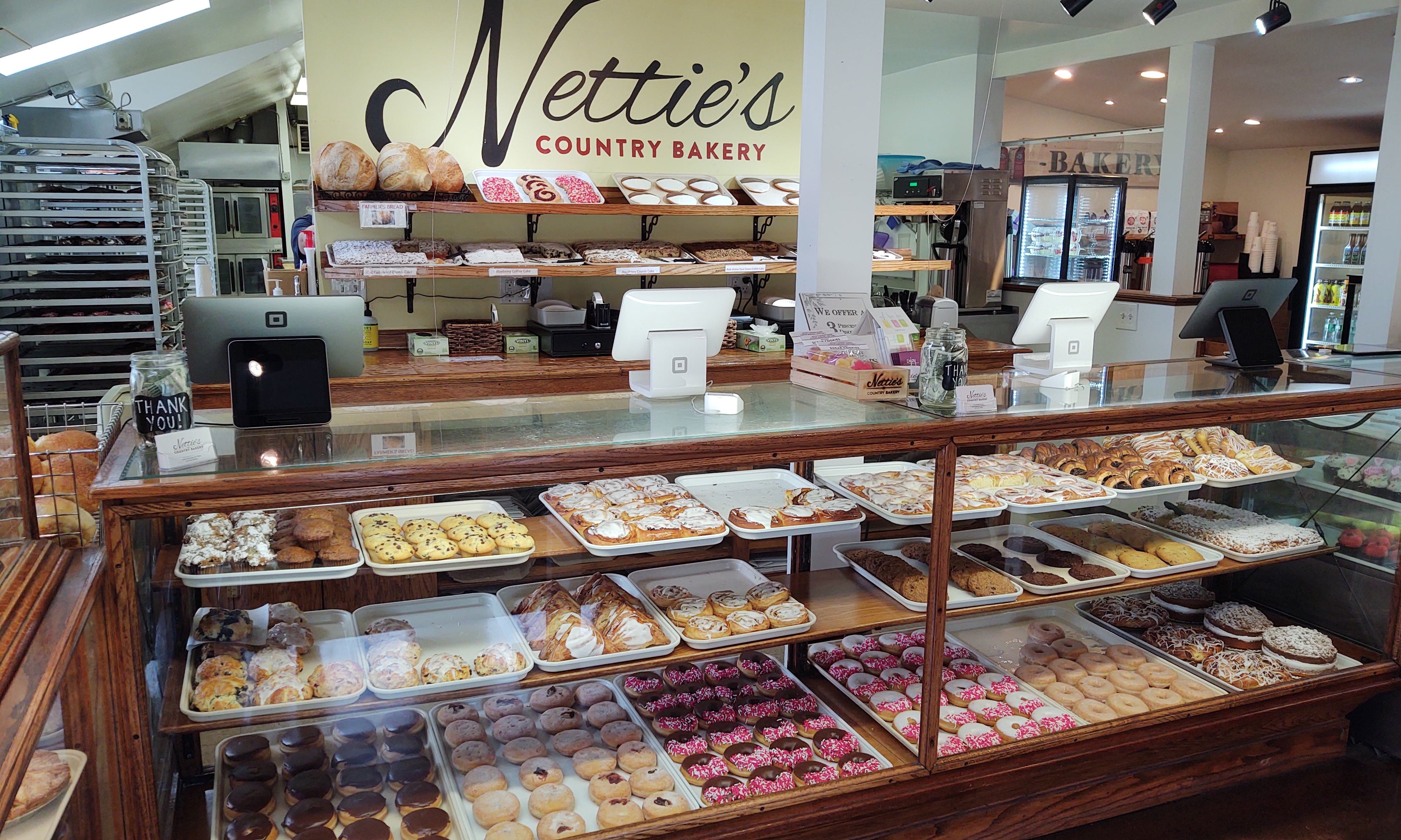 The showcase full of products at Nettie's Country Bakery's retail location.
