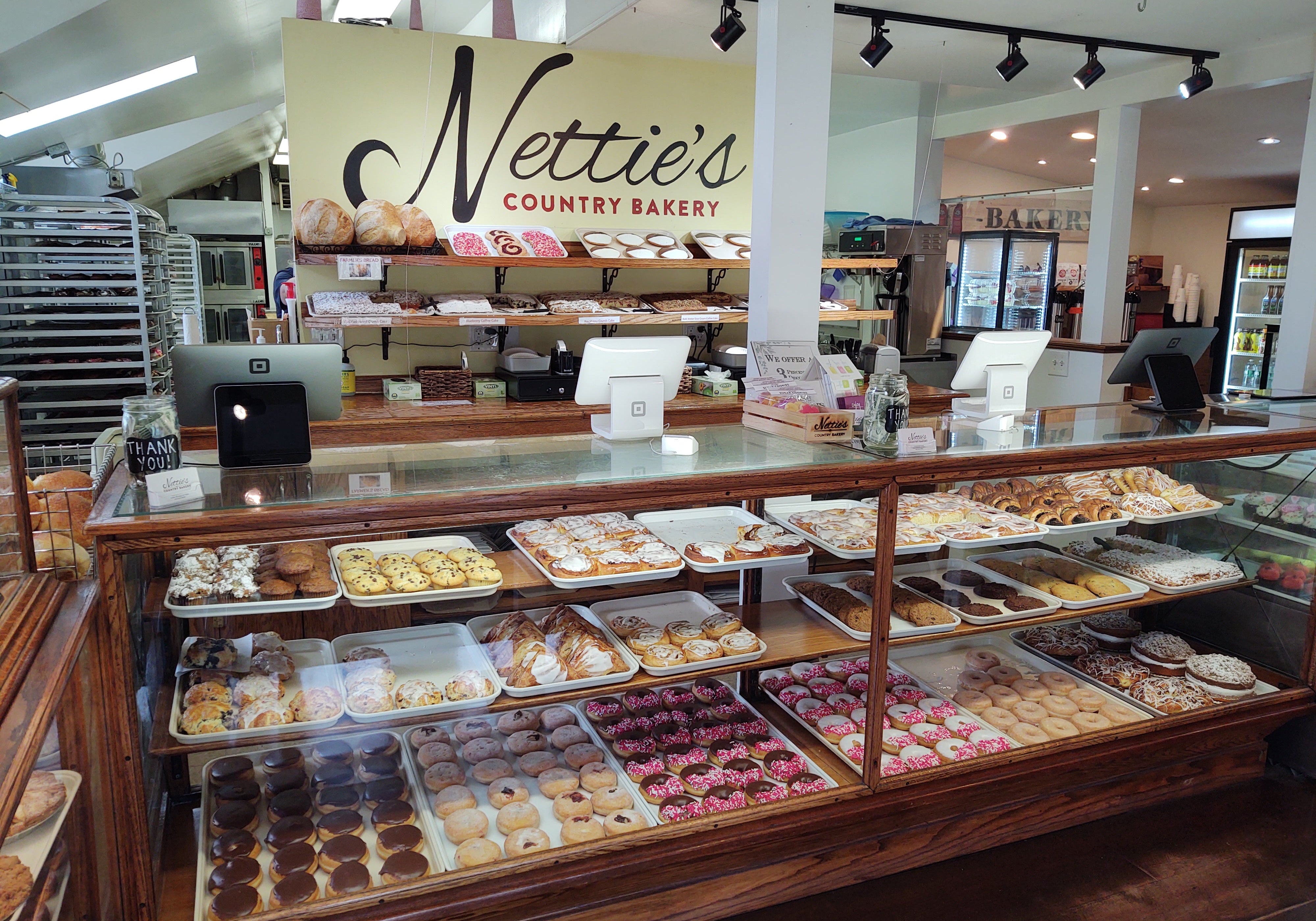 The showcase full of products at Nettie's Country Bakery's retail location.