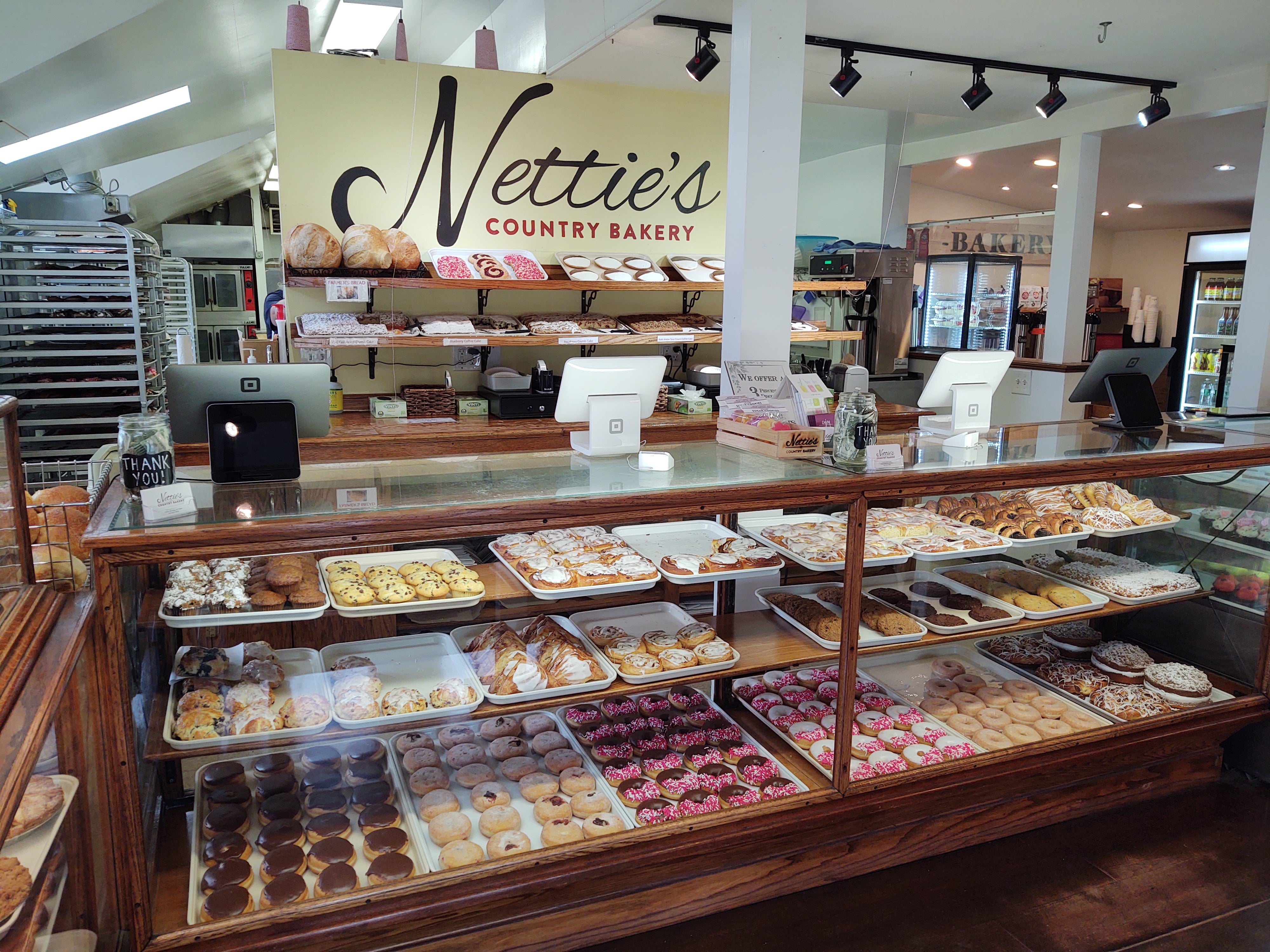 The showcase full of products at Nettie's Country Bakery's retail location.