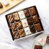 chocolate covered brownie and blondie bites in gift box