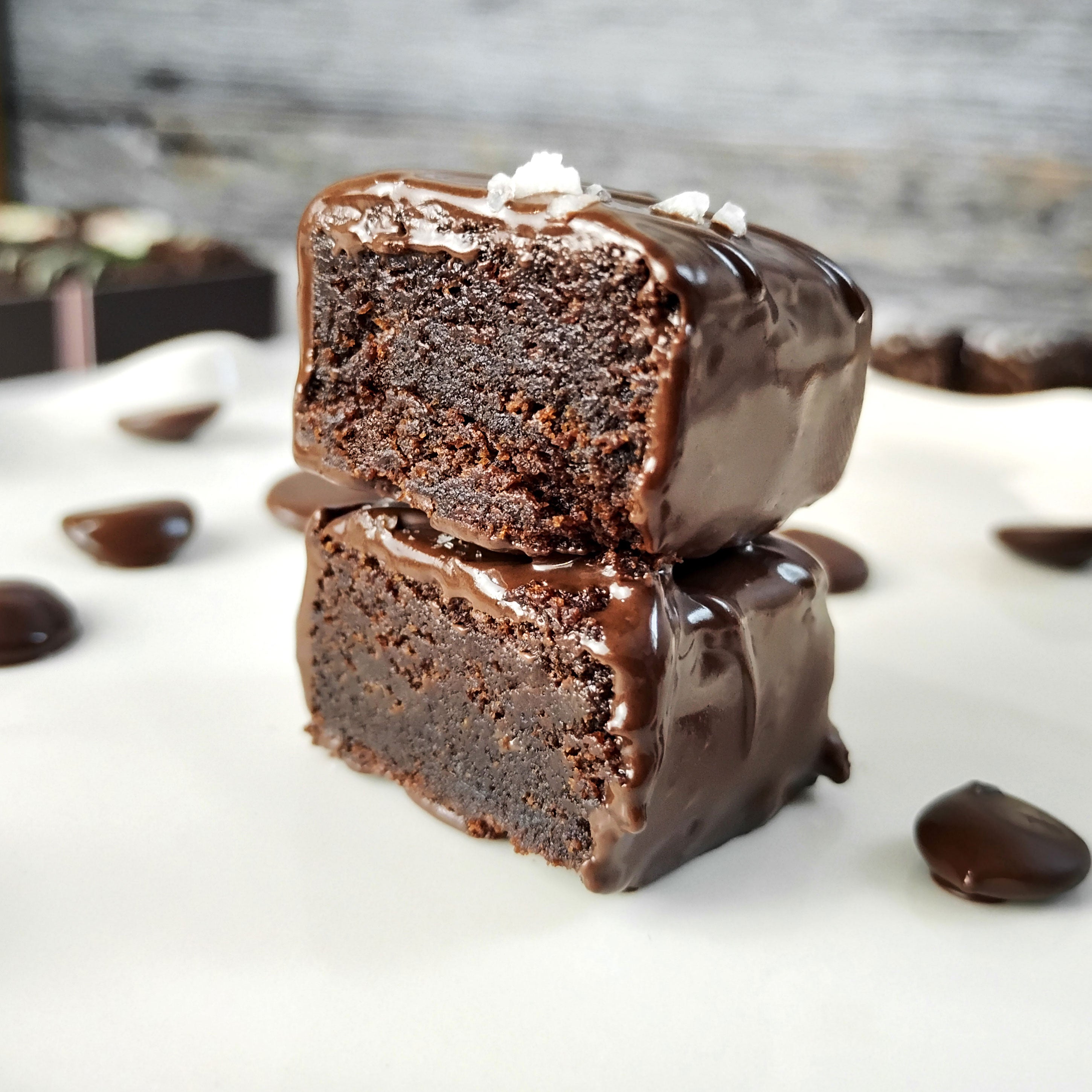 Dark chocolate covered brownie bites sprinkled with sea salt for gift shipped nationwide
